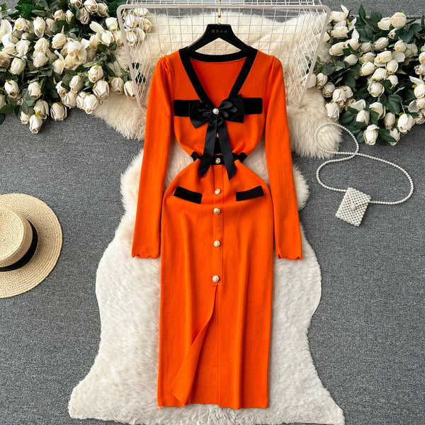 Color Blocking Bow-tie Knitted Dress