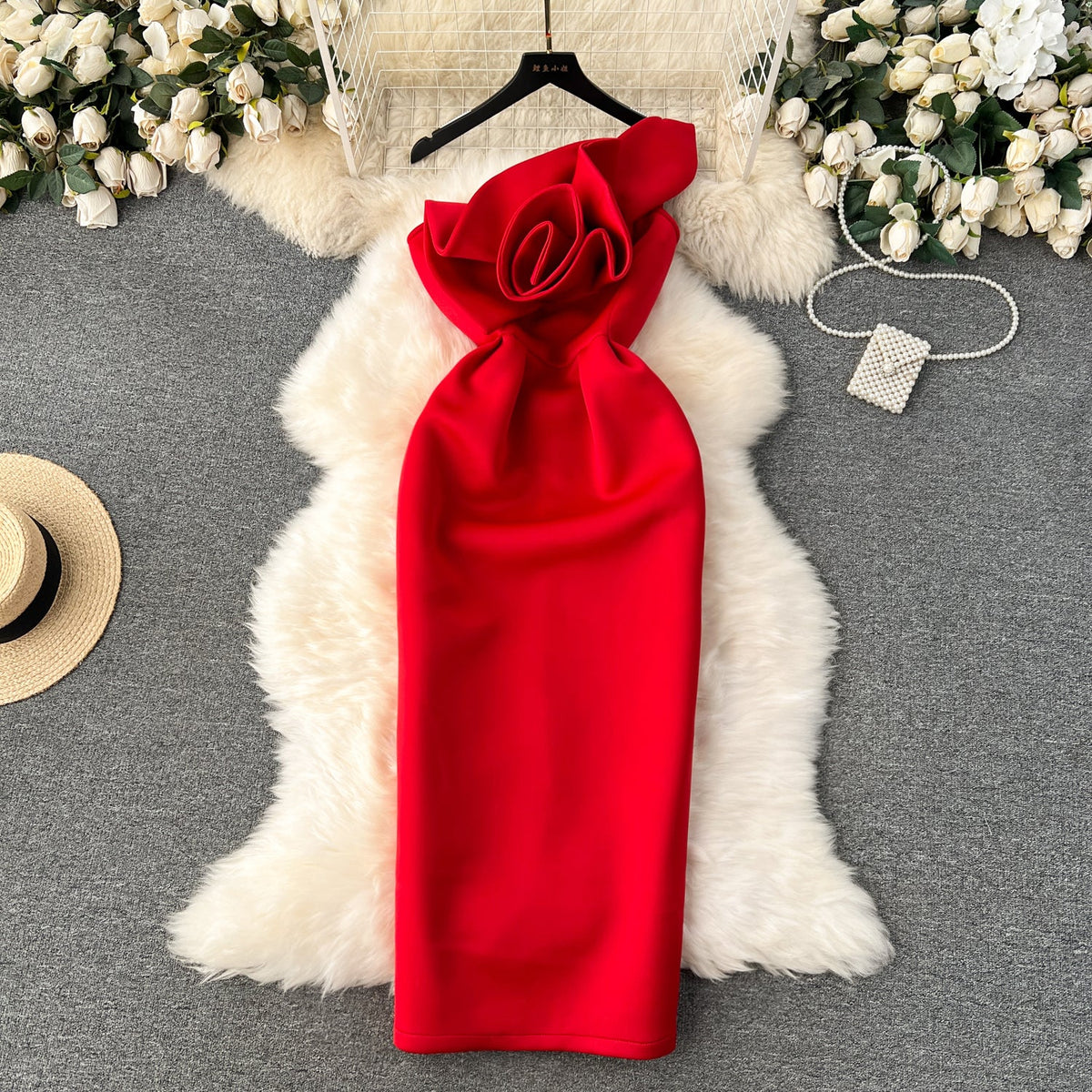 Solid Color 3d Flower Party Dress