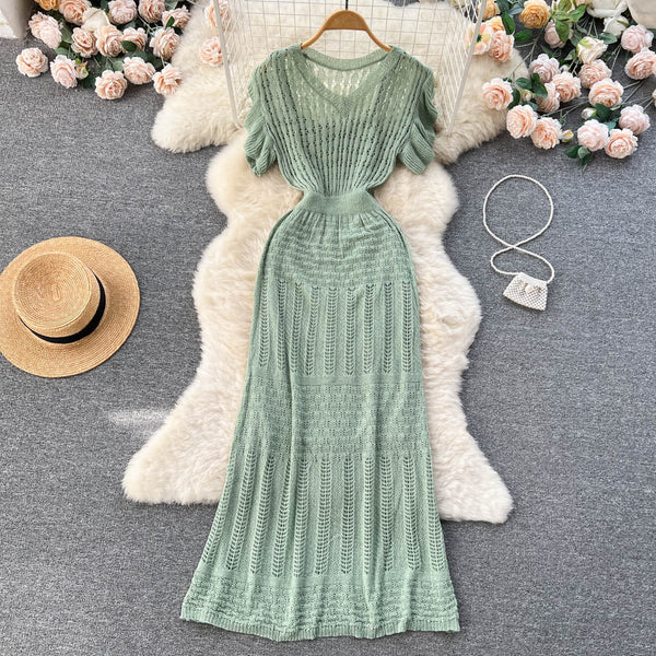 Solid Color V-neck A-line Dress