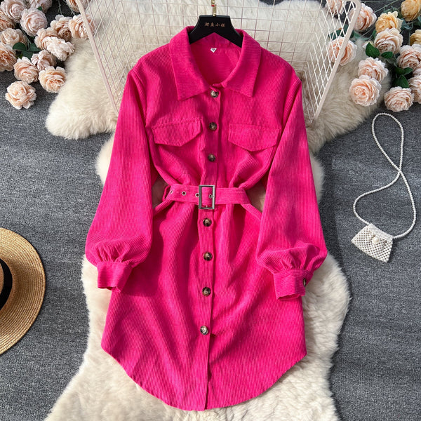 Lapel Single-breasted Corduroy Shirt Dress