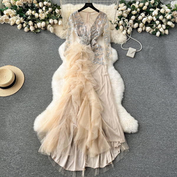 Sequined Mesh Patchwork Maxi Dress