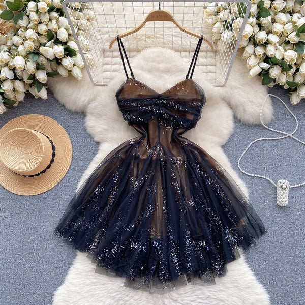 French Style Sequined Slip Mesh Dress