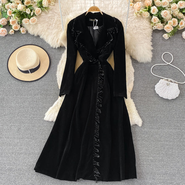Puffy Sleeve Pleated Black Velvet Dress