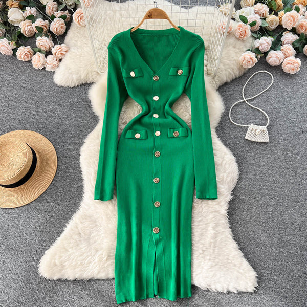 Single Breasted V-neck Knitted Dress