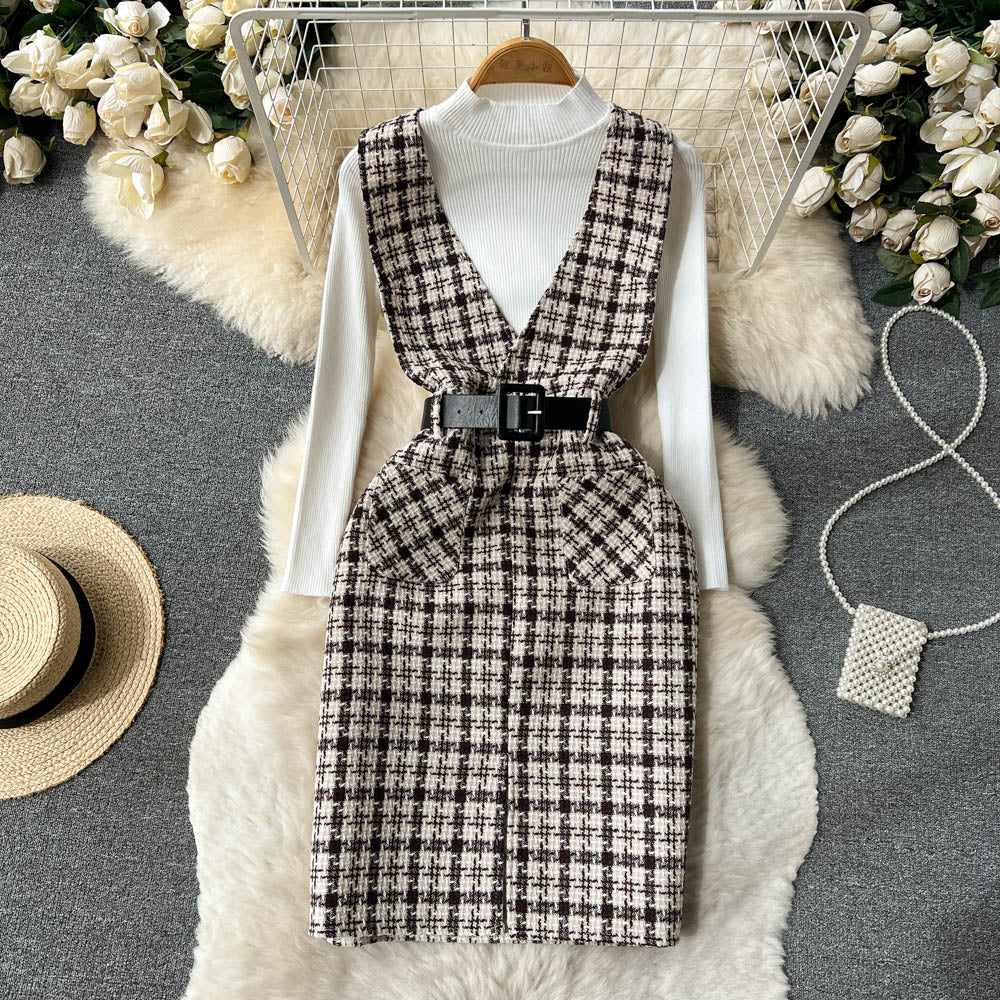 Bottom Sweater&Houndstooth Strappy Dress 2Pcs