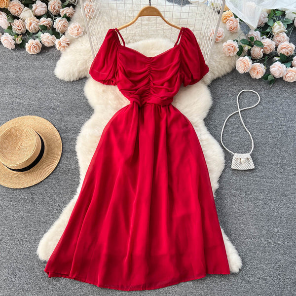 Bubble Sleeve Square Collar Chiffon Dress