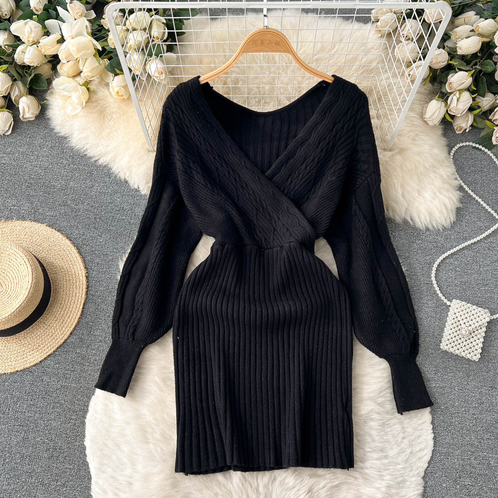 Vintage V-neck Waist-slimming Knitted Dress