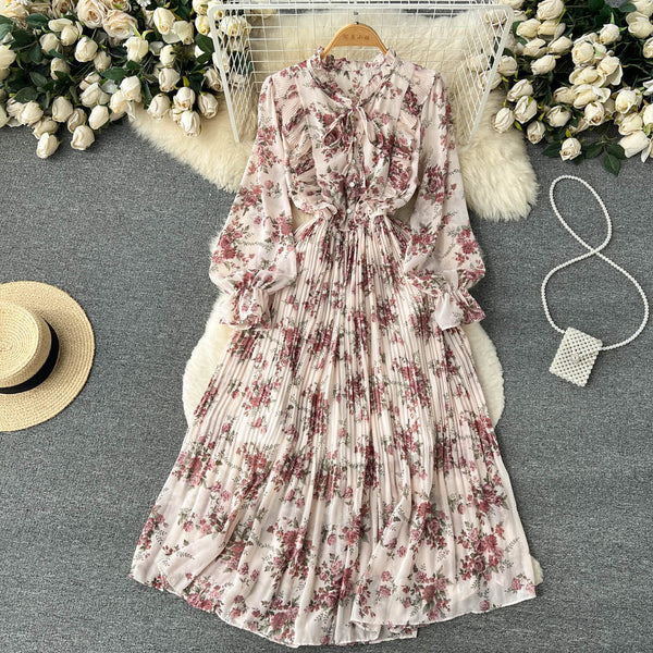 French Style Floral Pleated Dress