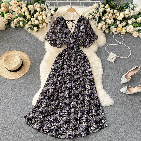 V-yaka Slim Chiffon Çiçekli Elbise