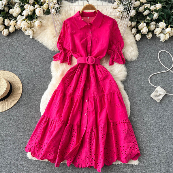Puff Sleeve Hollowed Embroidered Dress
