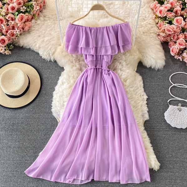 Off-shoulder Ruffle Mesh Chiffon Dress