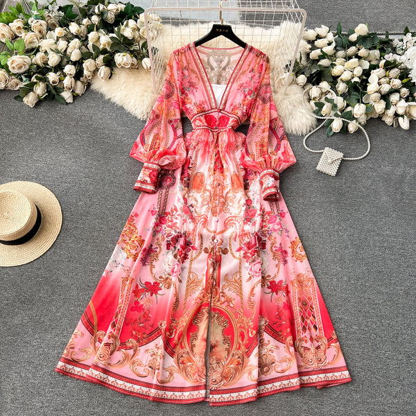 Deep V-neck Puffy Sleeve Floral Dress