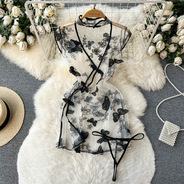 Sheer Mesh Butterfly Crochet Cheongsam Dress