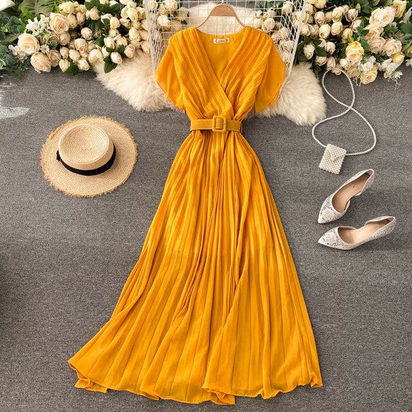 Solid Color Pleated Chiffon Dress