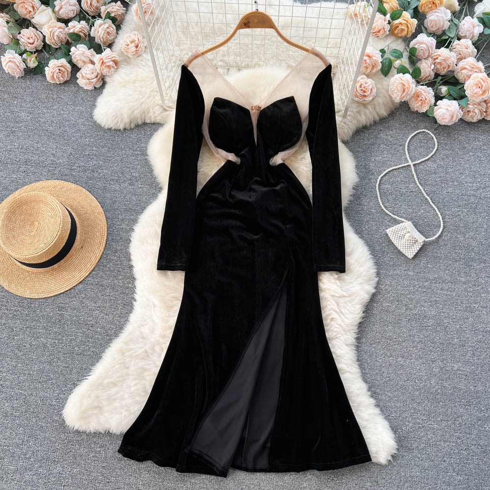 V-neck Backless Mesh Patchwork Velvet Dress