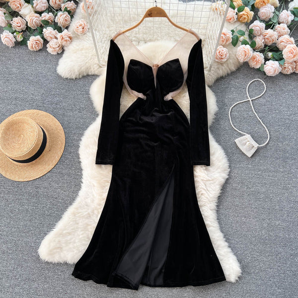 V-neck Backless Mesh Patchwork Velvet Dress