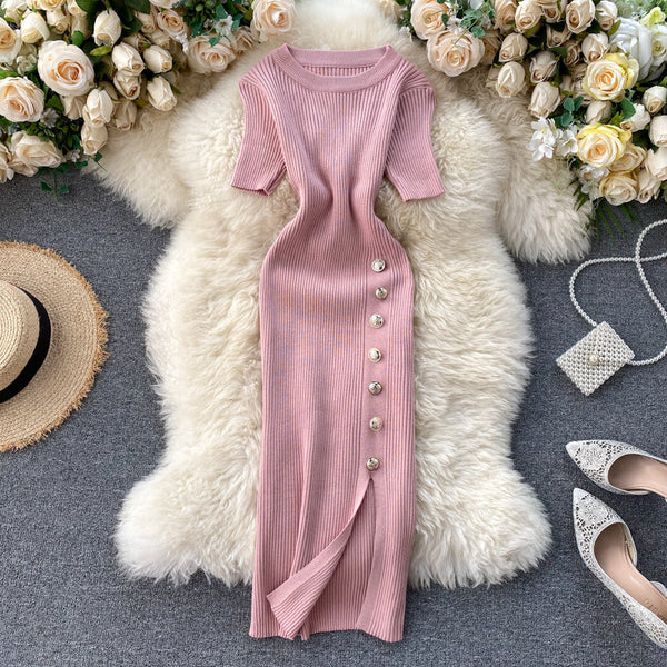 Simple Design Single-breasted Knit Dress