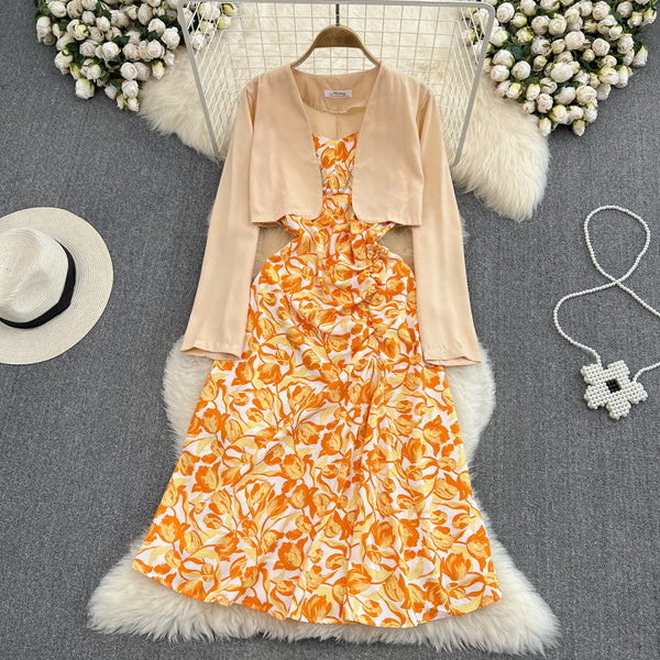 Vintage Sleeveless Dress&Cape Jacket 2Pcs