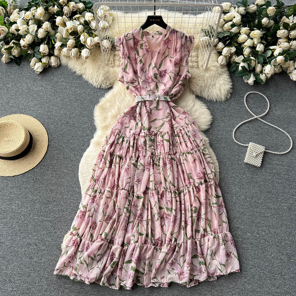 Vintage V-neck Sleeveless Floral Dress