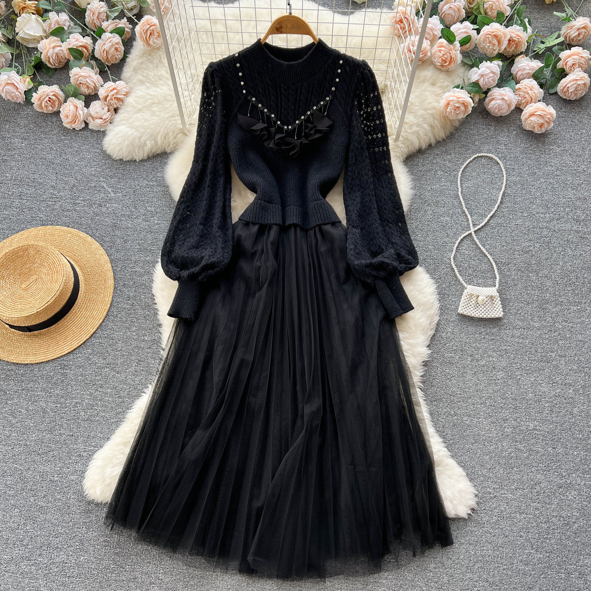 Patchwork Hollowed Mesh Over-knee Dress
