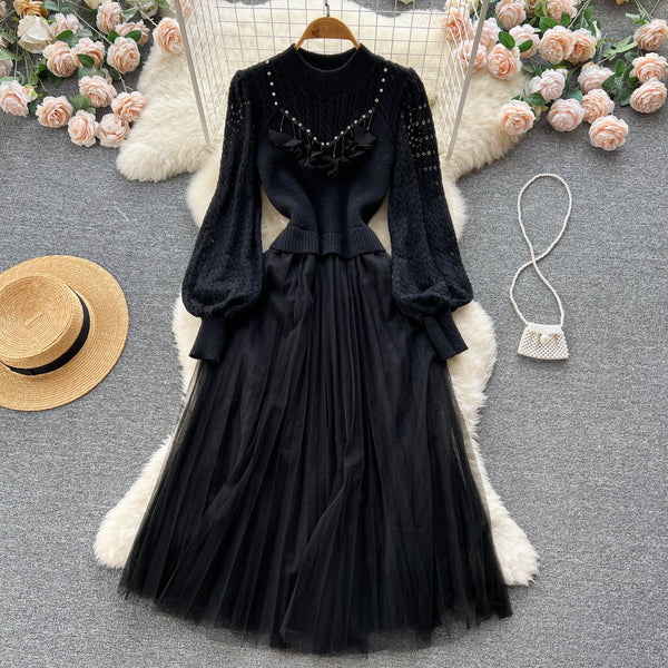 Patchwork Hollowed Mesh Over-knee Dress