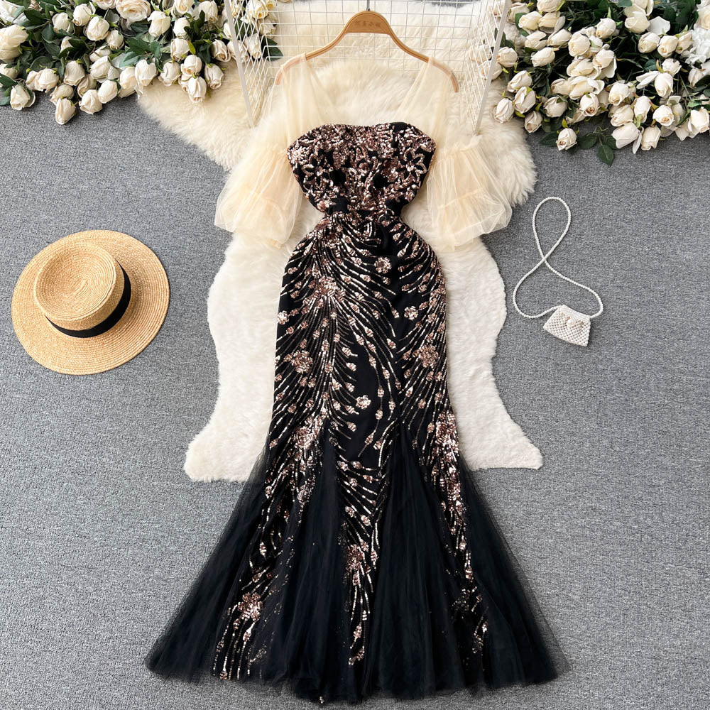 High-end Patchwork Sequin Fishtail Dress