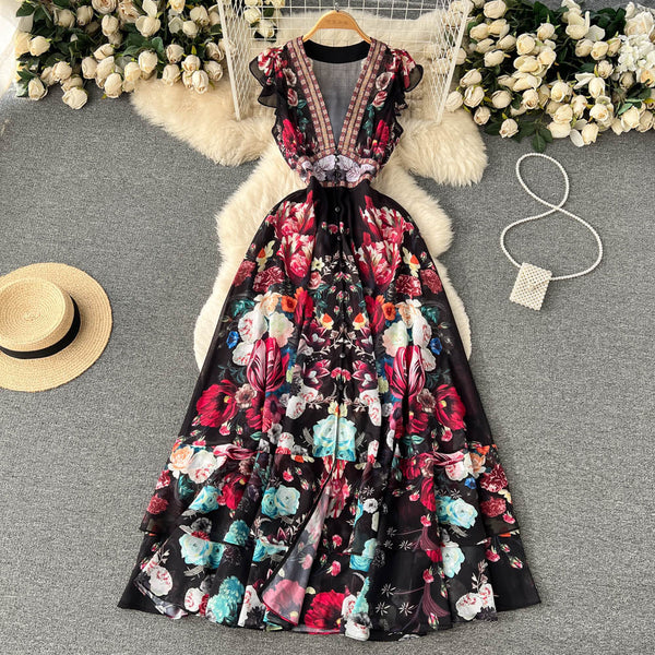Ethnic Style V-neck Floral Layered Dress