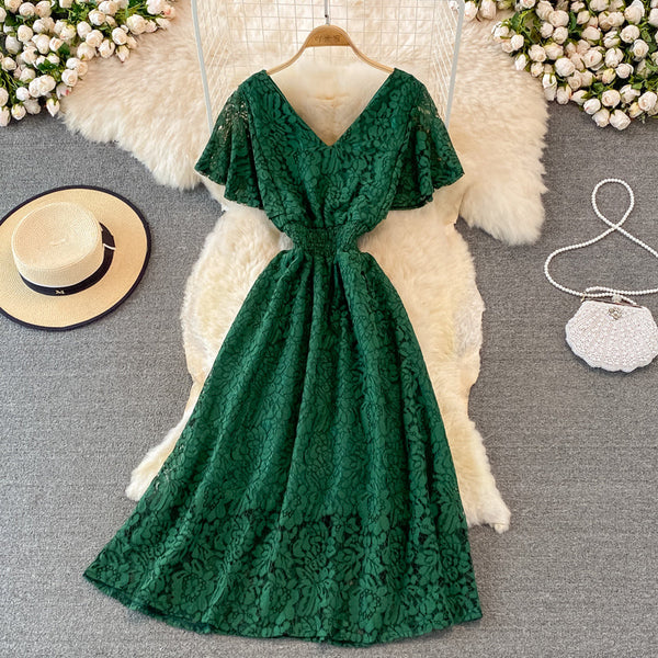 V-neck Floral Embroidered Lace Dress