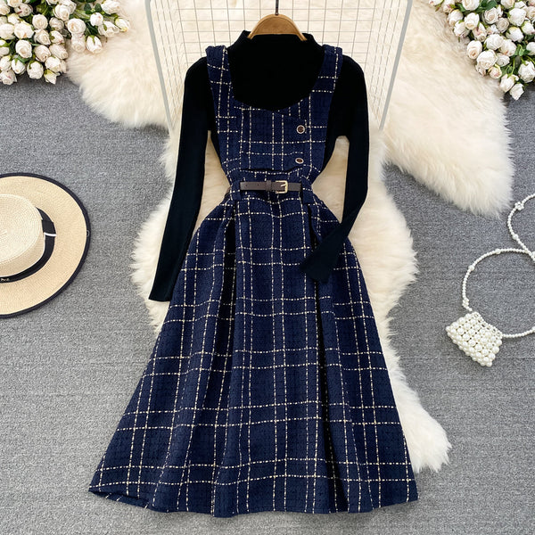 Bottoming Sweater&Plaid Tweed Dress 2Pcs