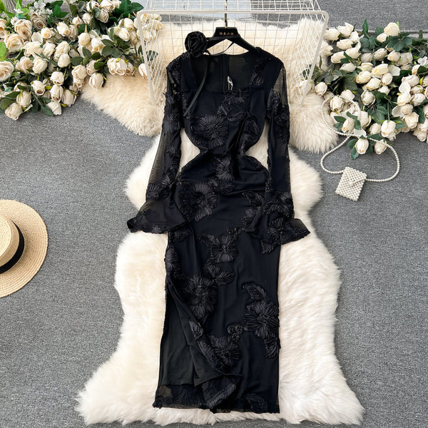 High-end Embroidered Floral Split Dress