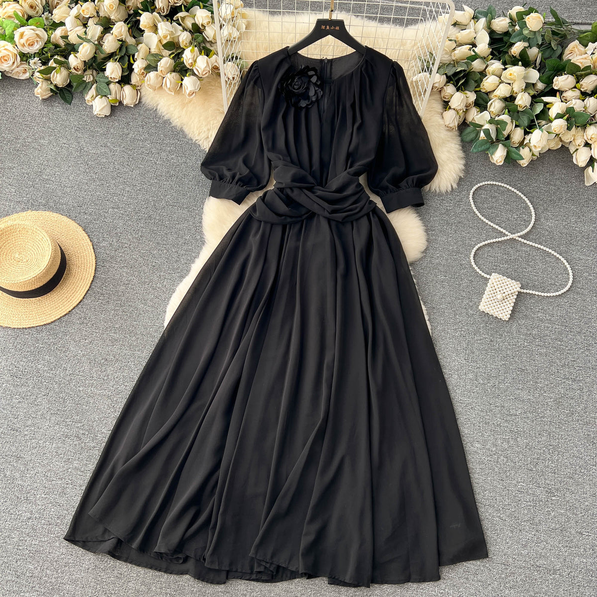 Puff Sleeves Twisted Floral Chiffon Dress