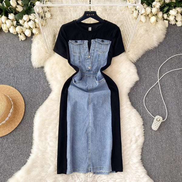 Round Collar Denim Patchwork Midi Dress