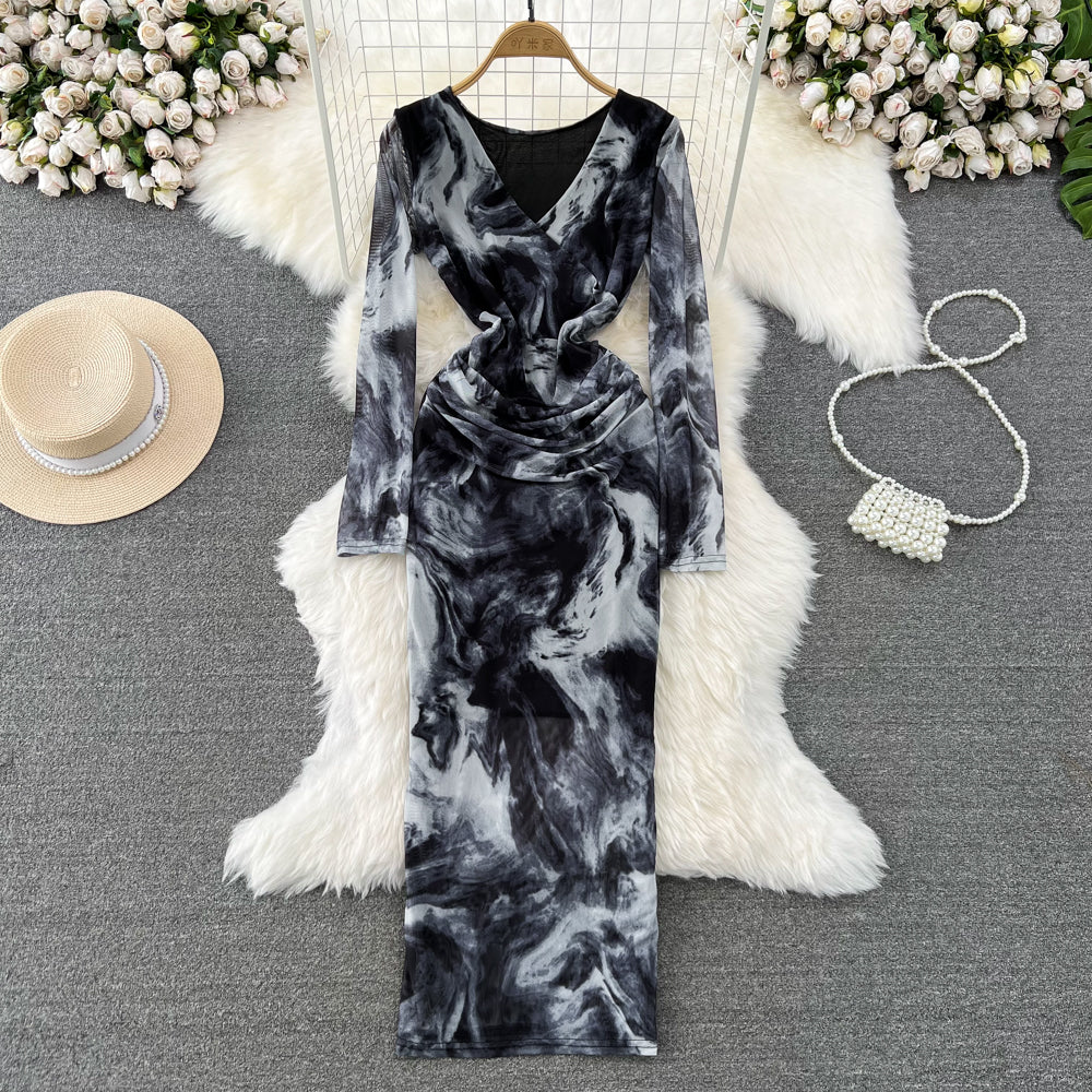 V-neck Floral Printed Mesh Dress