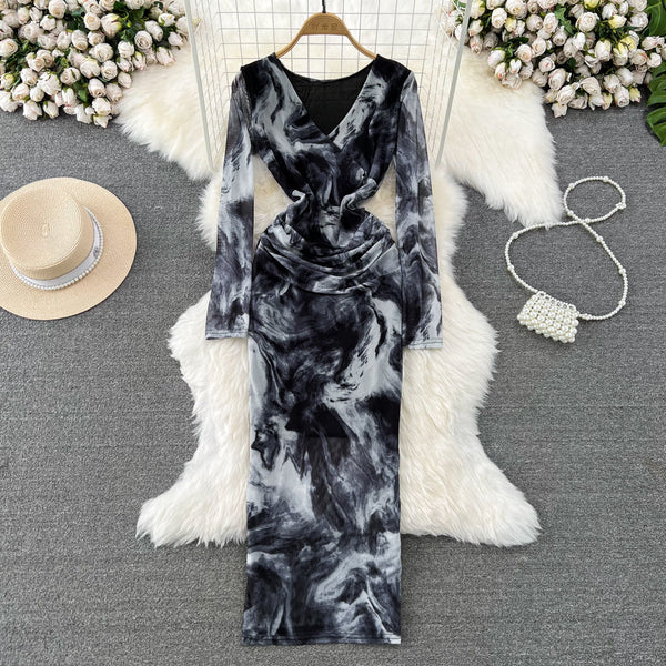 V-neck Floral Printed Mesh Dress