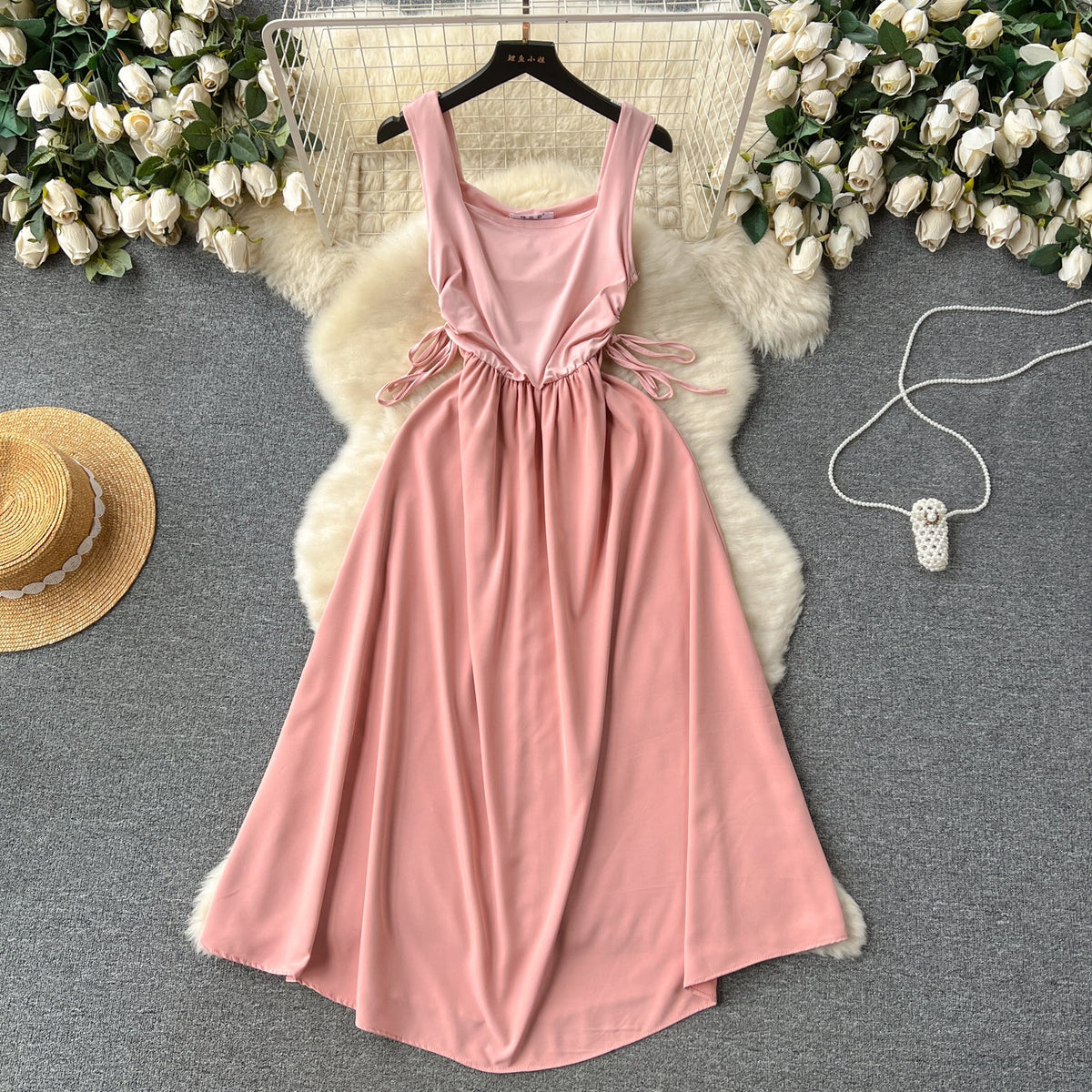 Square Collar Drawstring Slip Dress