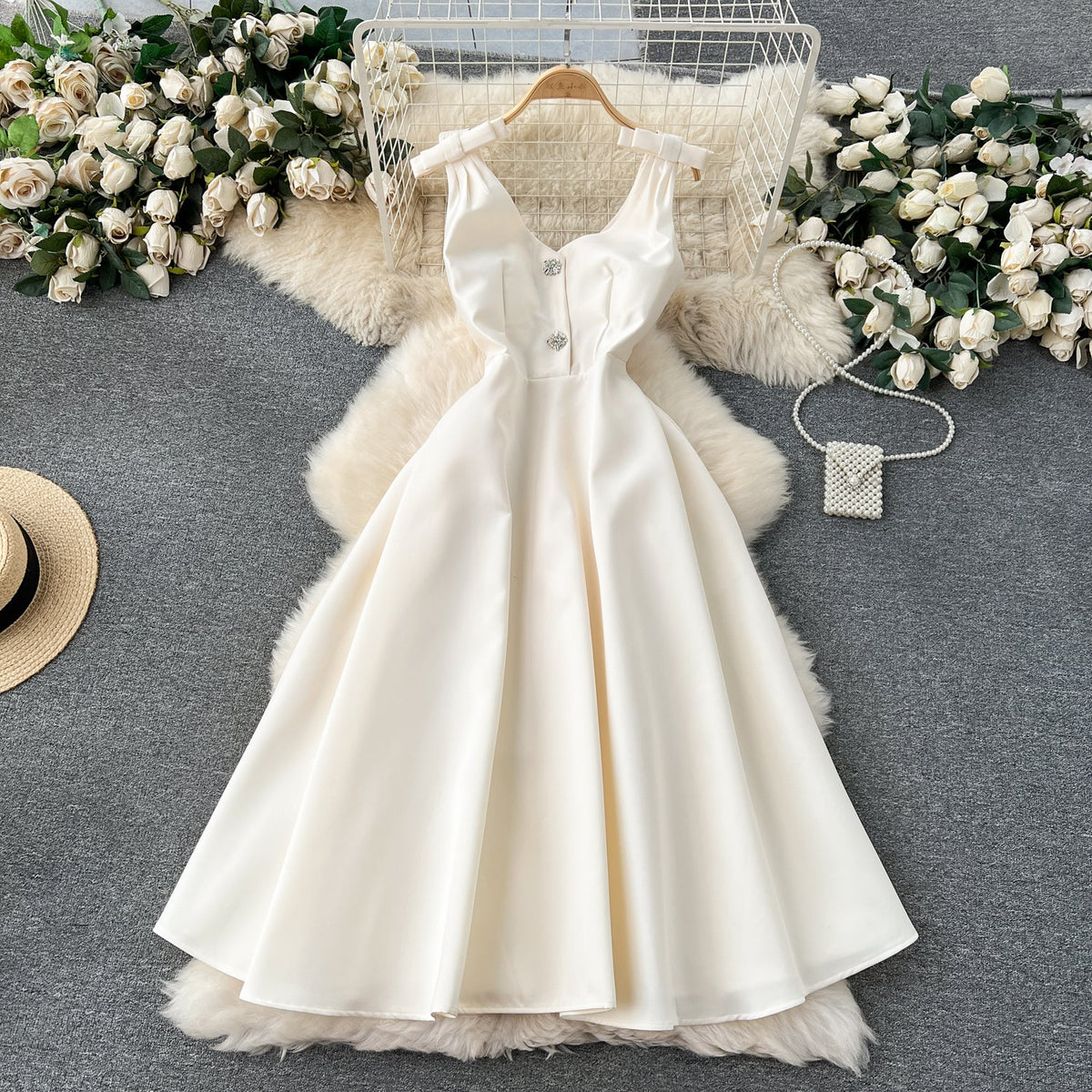 Delicate Pleated Bow Slip Dress