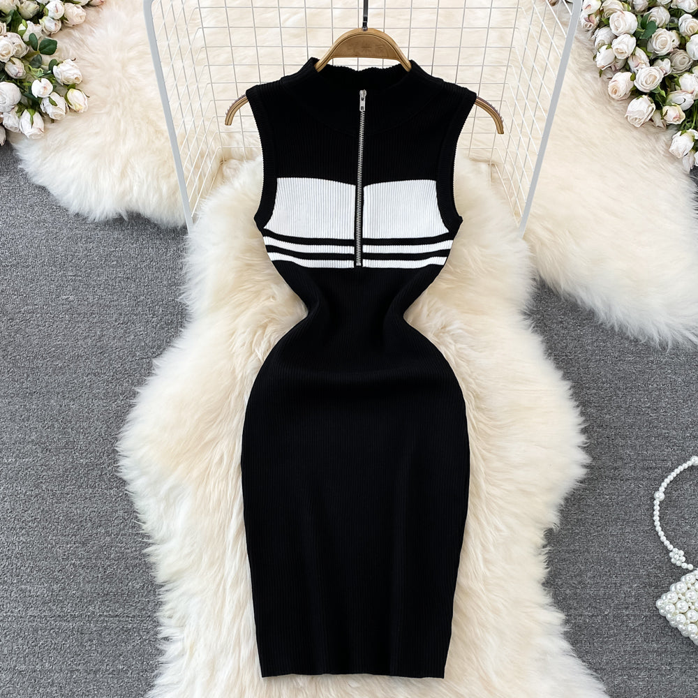 Polo Collar Striped Zipped Knitted Dress