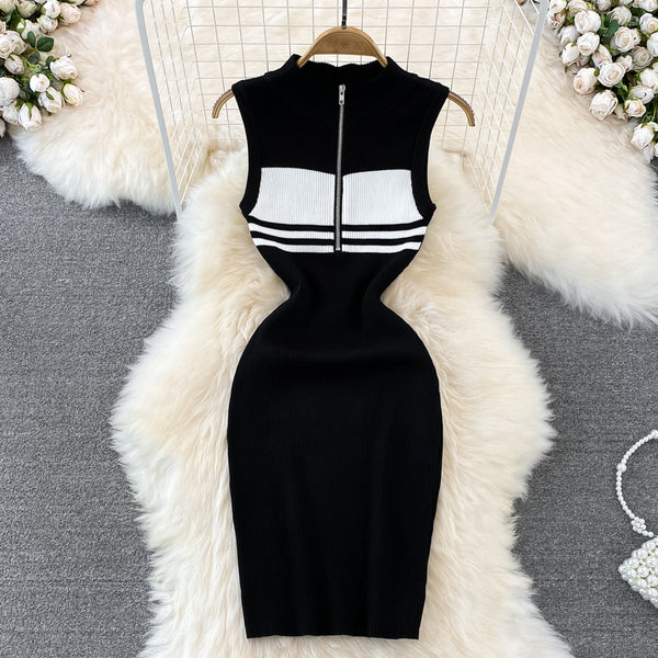 Polo Collar Striped Zipped Knitted Dress