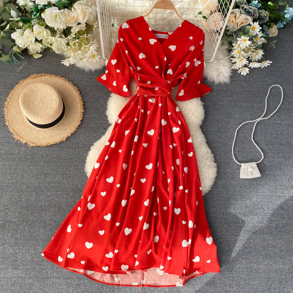 Heart Pattern Printed V-neck Maxi Dress