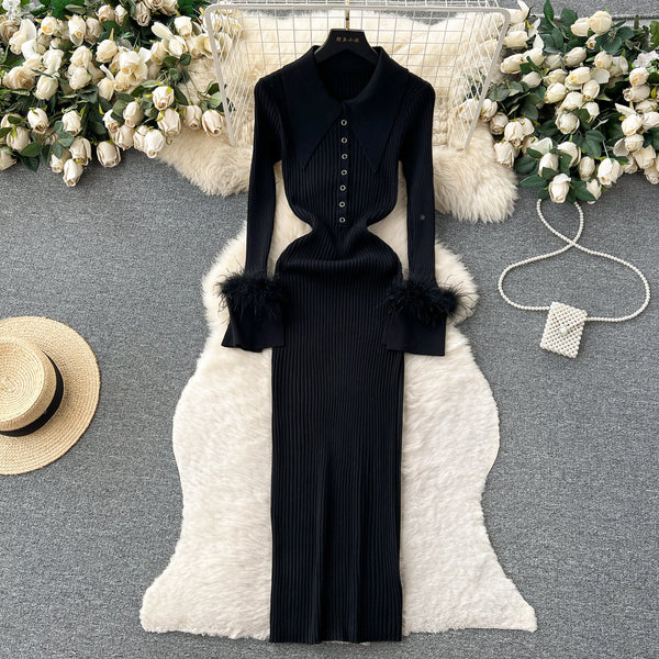 Lapel Furry Cuff Knitted Dress