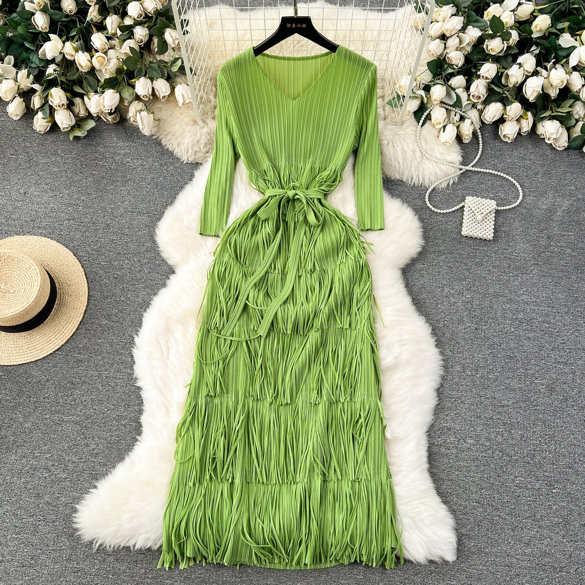 Delicate V-neck Fringed Pleat Dress