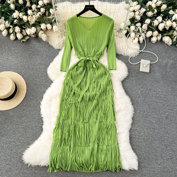 Delicate V-neck Fringed Pleat Dress