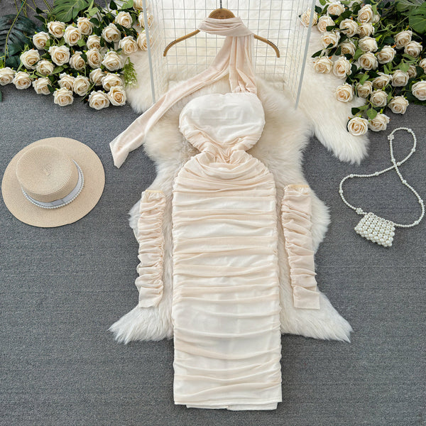 Pleated Mesh Dress with Detachable Sleeve