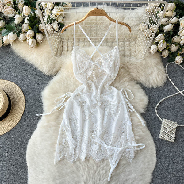 Lace See-through Crossover Halter Dress