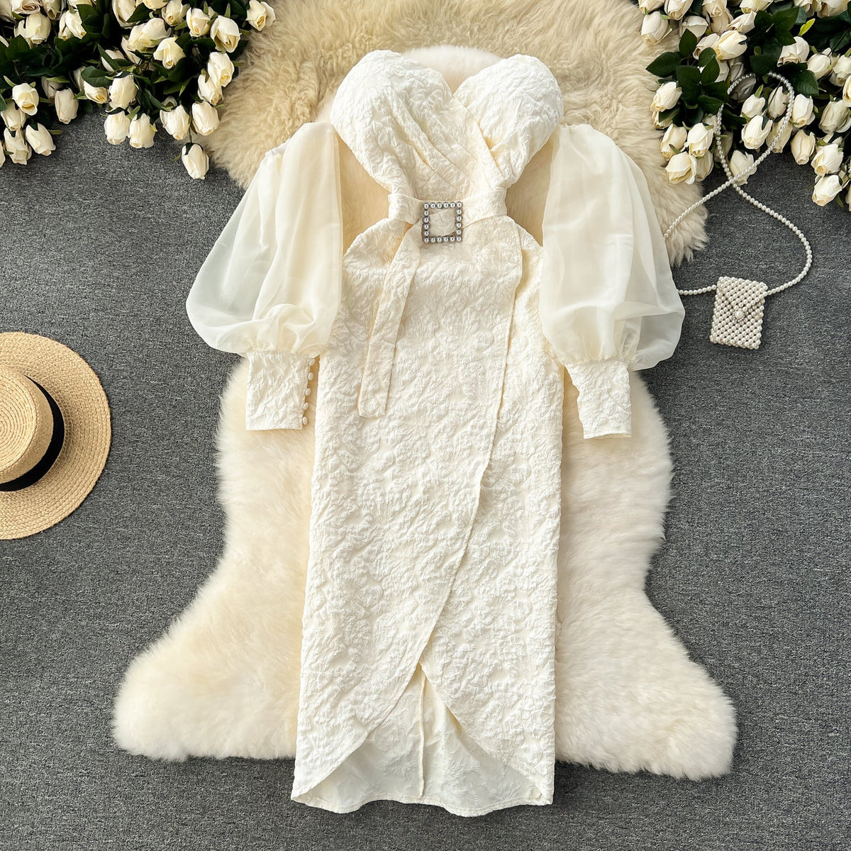 Off-shoulder Flared Sleeve Crochet Dress