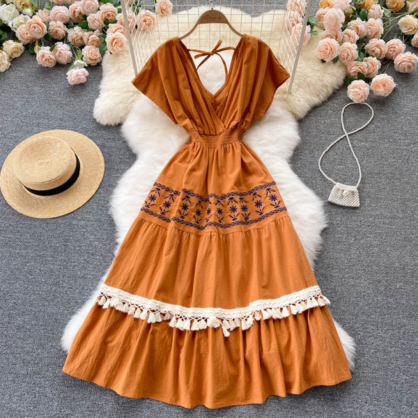 Ethnic Style Embroidered Tassel Dress
