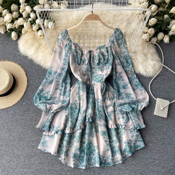 High-end Square Collar Lace-up Floral Dress