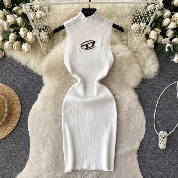 Hollowed Semi-turtleneck Slim Knitted Dress