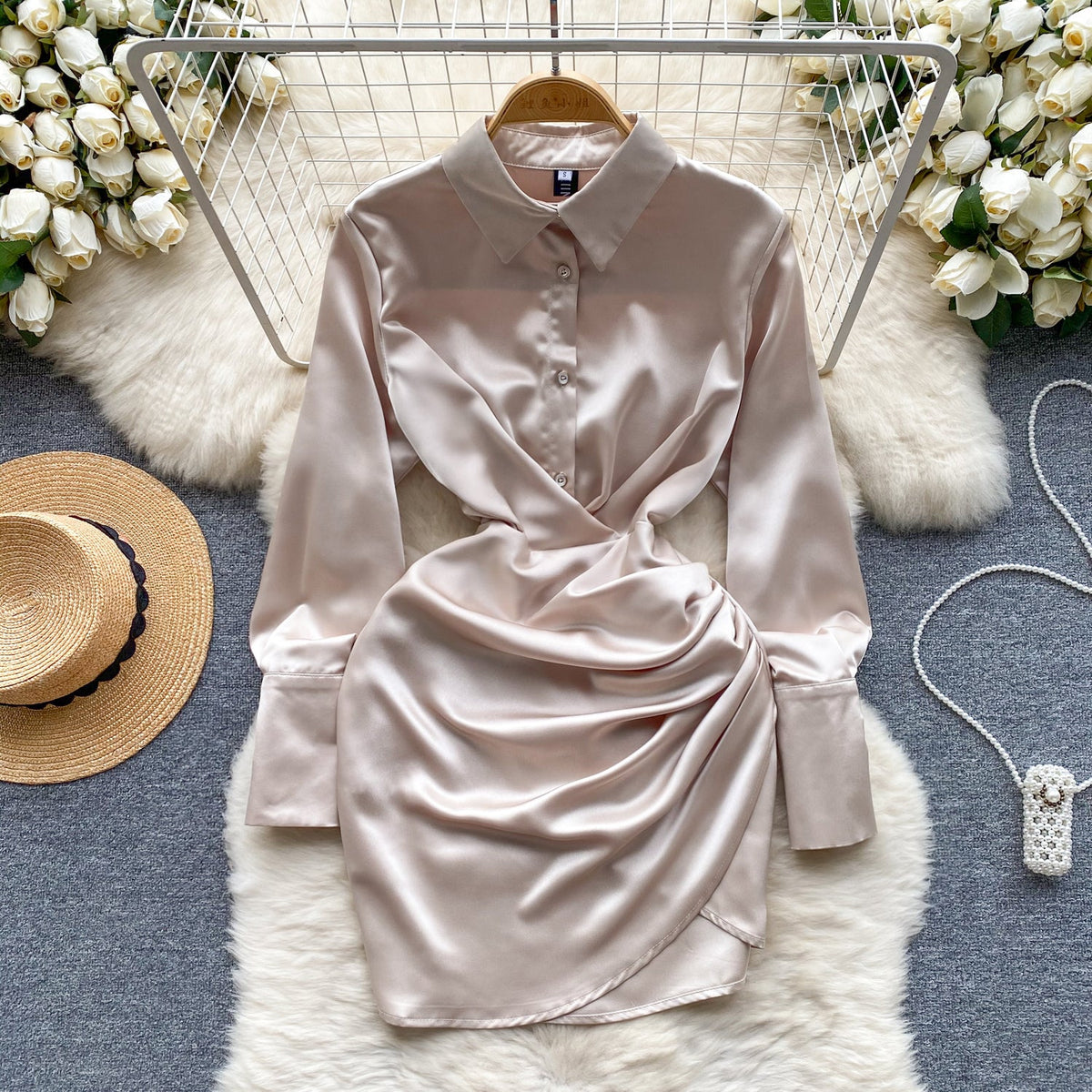 Casual Satin Pleated Shirt Dress