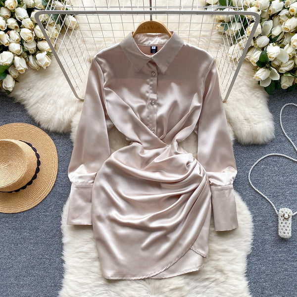 Casual Satin Pleated Shirt Dress